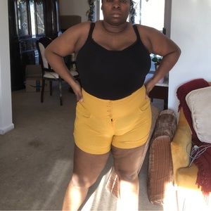 High waist mustard yellow button shorts